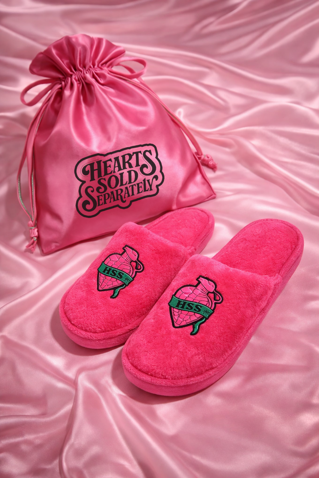 Heart Grenade Slippers + Satin Bag